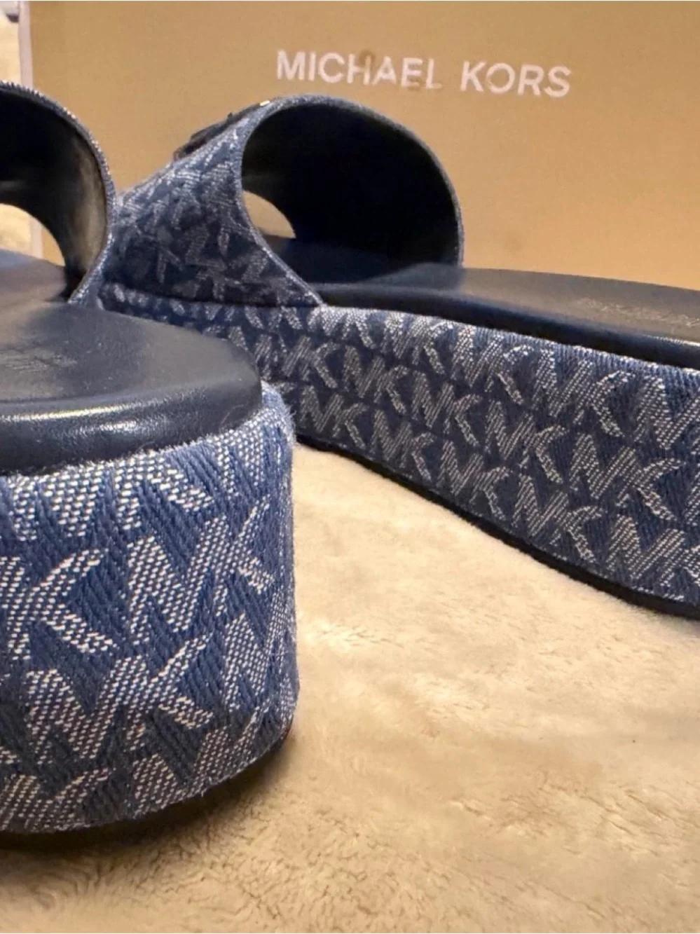 Michael Kors Blue Denim MK Logo Platform Slides